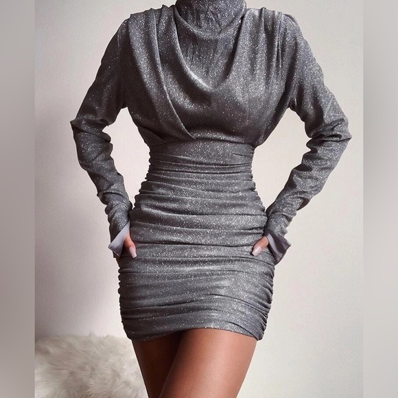 RARE House of CB 'Irena' Silver Sparkle Draped Dress NWT - Picture 3 of 16